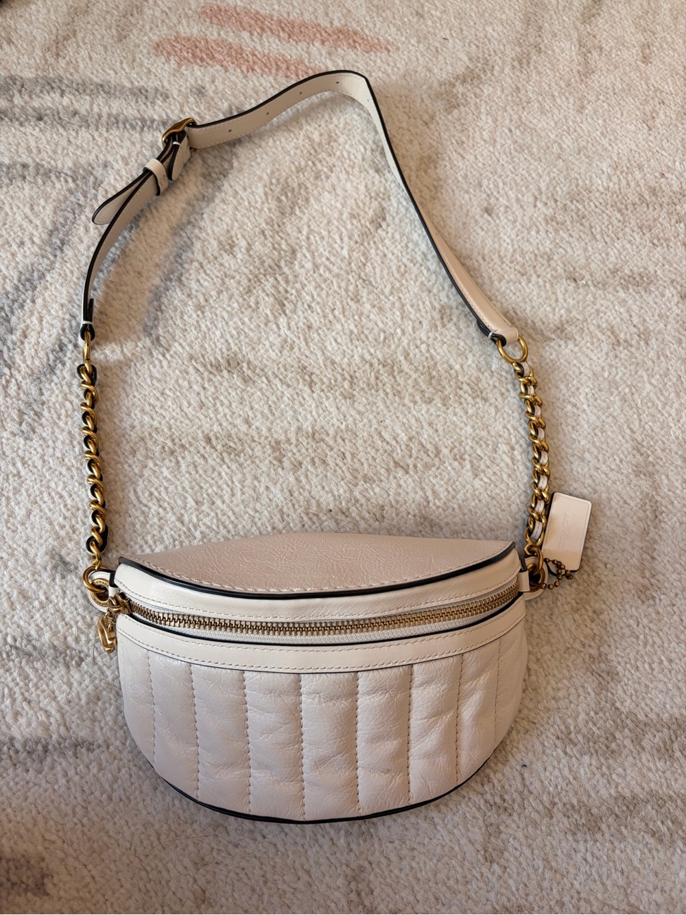 Coach minimalist quilted ivory leather belt bag crossbody purse with gold chain